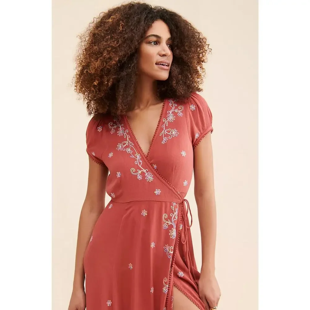 NWT Free People Mia Wrap Boho Floral Embroidered Maxi Dress $168 X-SMALL